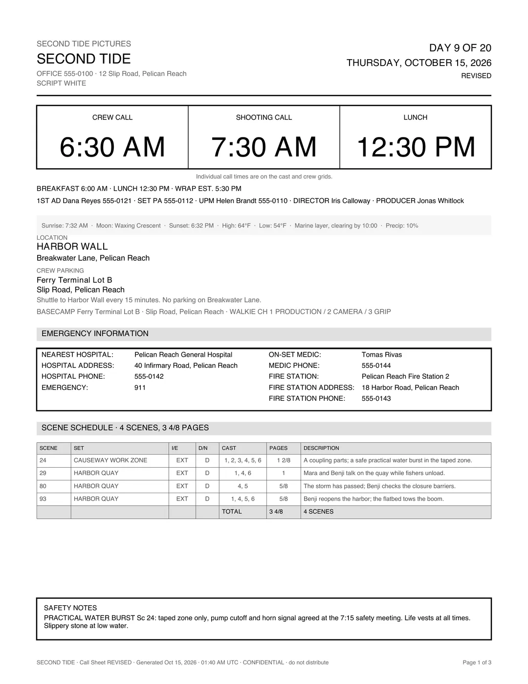 Page 1 of 3 of the Day 9 call sheet for Second Tide, Thursday, October 15: crew call 6:30 AM, shooting call 7:30 AM, lunch 12:30 PM, the Harbor Wall location on Breakwater Lane, four exterior scenes, cast call times, weather and emergency information.